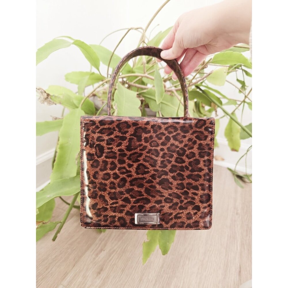 Escada Leopard Animal Print Brown Patent Leather Handle Hand Mini Bag Purse
